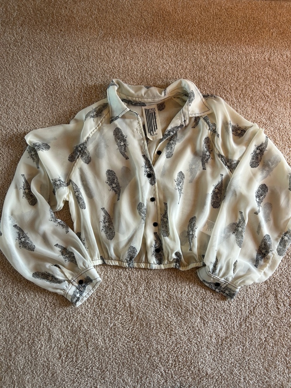 Free People Cream Sheer Cropped Blouse with Black Feather Print